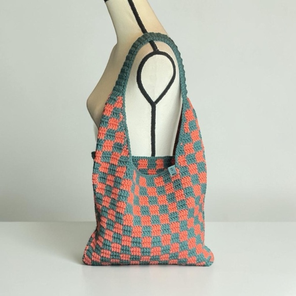 Handmade Dark Coral & Dark Teal Checker Checkerboard Crochet Shoulder Tote Bag